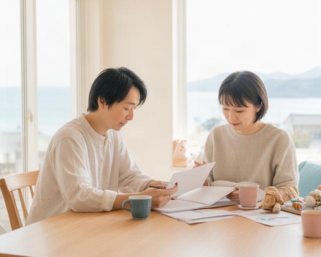 瀬戸内の明るい住まいで夫婦が子どもの家計ノートを確認する様子