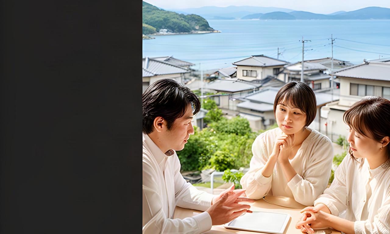 瀬戸内の海を望む土庄町の住宅地で家計相談をする夫婦とファイナンシャルプランナー
