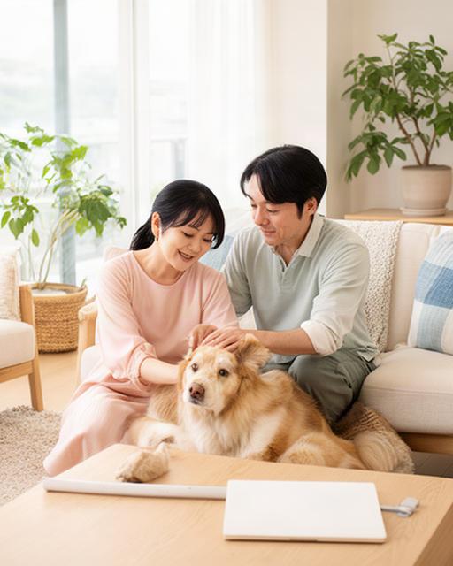 瀬戸内の明るいリビングで飼い犬と過ごす夫婦、旅行前の落ち着いた家計相談の雰囲気