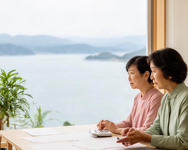 瀬戸内の穏やかな海を望む自宅で老後資金を家族と相談する四十代の夫婦